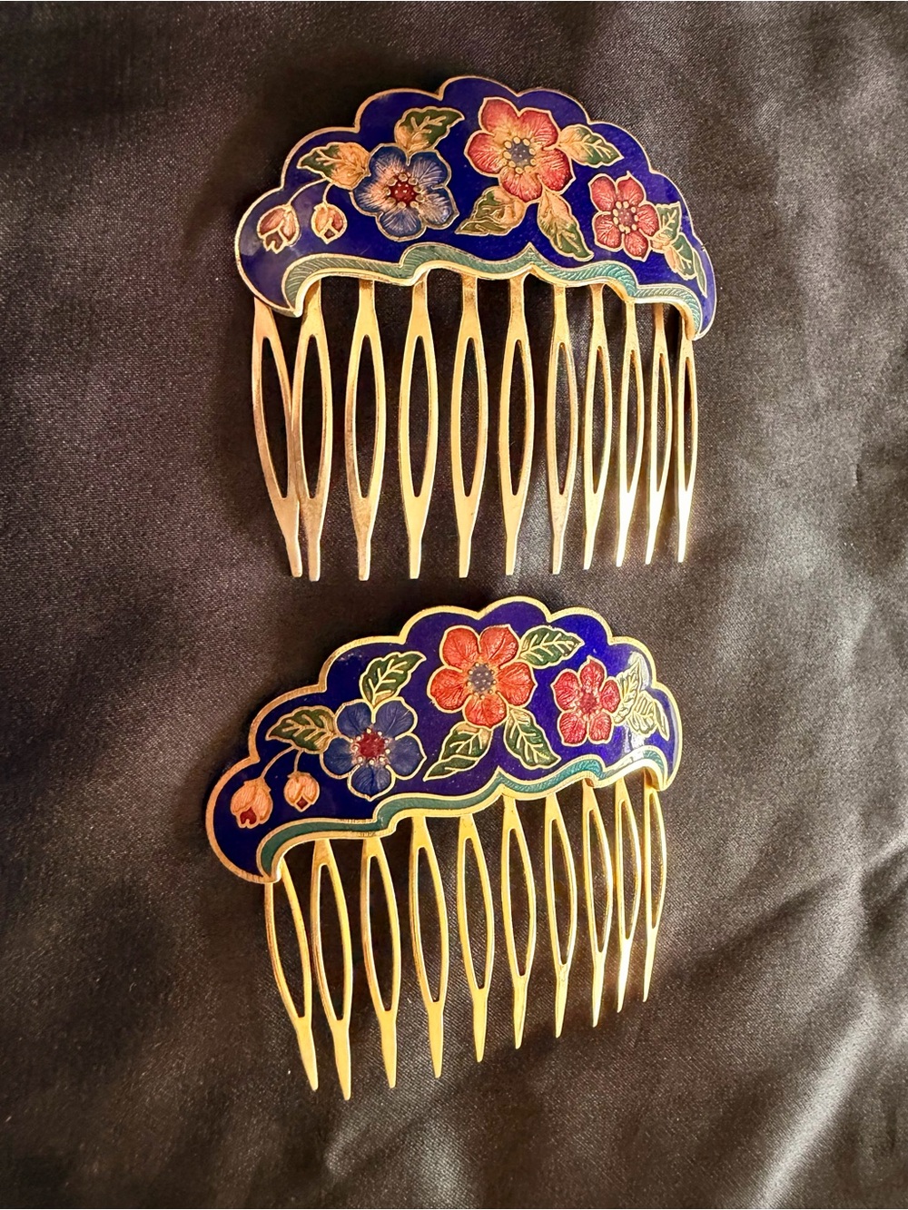 Cloisonne Gold Tone & Blue Hair Combs Set Vintage